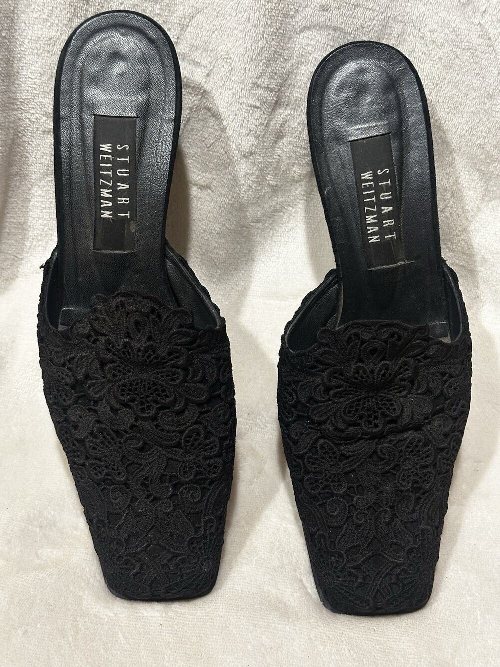 Stuart Weitzman Black Lace Mules - Square Toe, Kitten/Block Heel, Size 8 formal